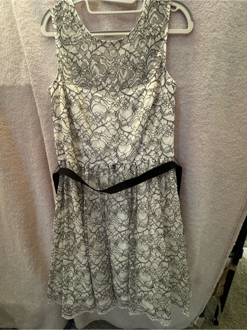 Xscape White Mini Dress with Black Lace and Black Waist Tie